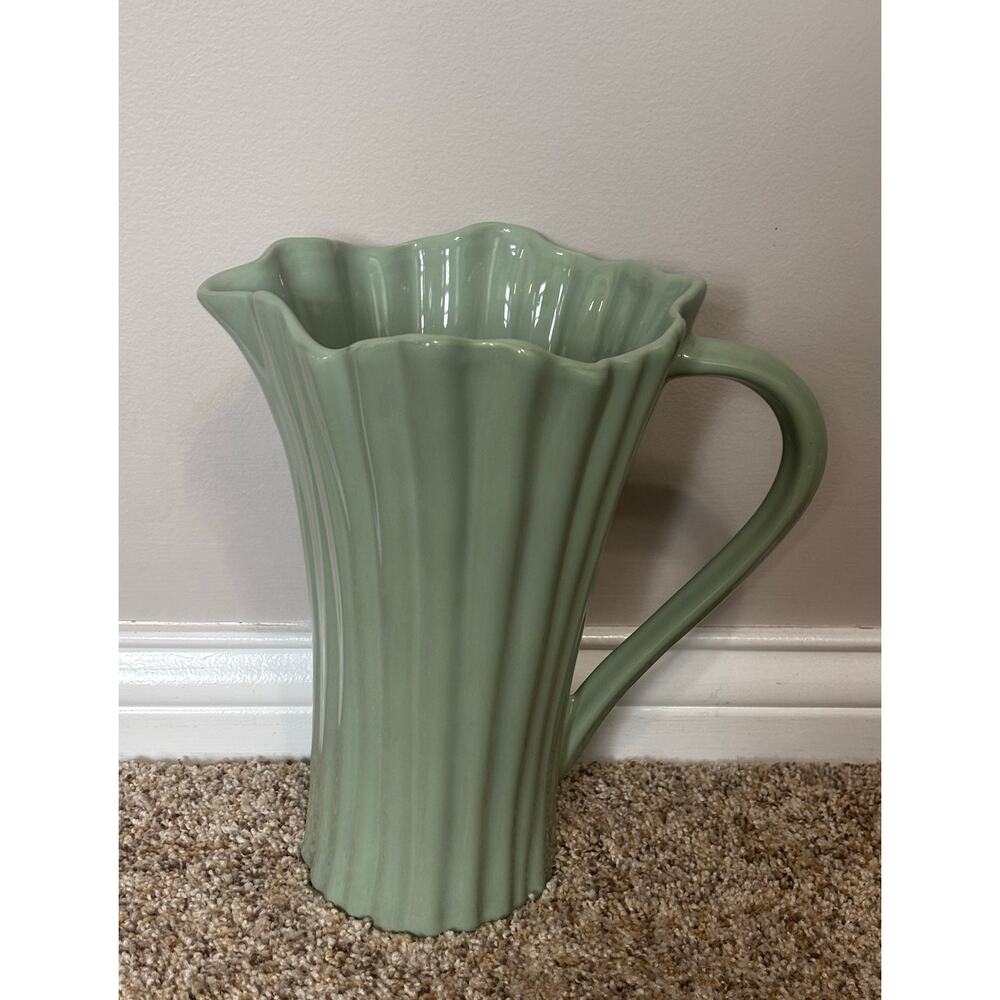 Farval ceranic pitcher/vase, hand painted ribbed design, fluted top Sage Green